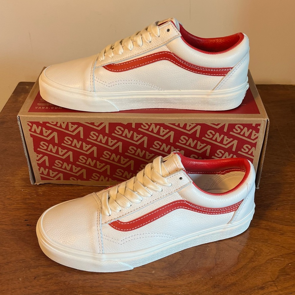 VANS Old Skool White Red Vintage Leather Sneakers